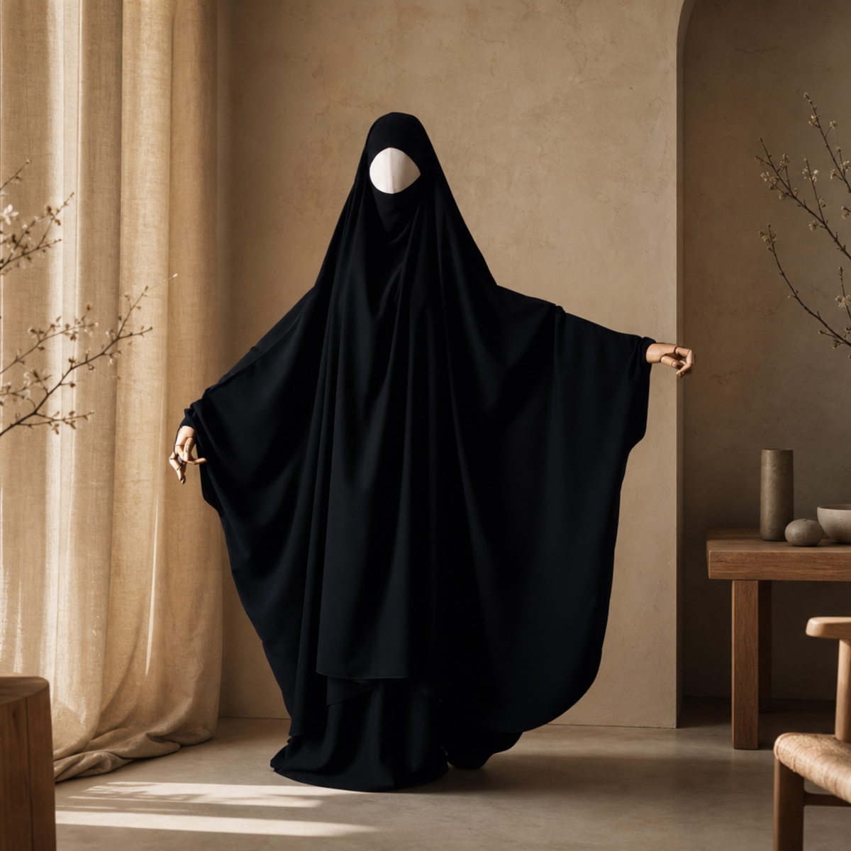 BIG WIDE 2 PIECE JILBAB KOREA WOOL PEACH BLACK - BUTTERFLY - SNAP BUTTONS