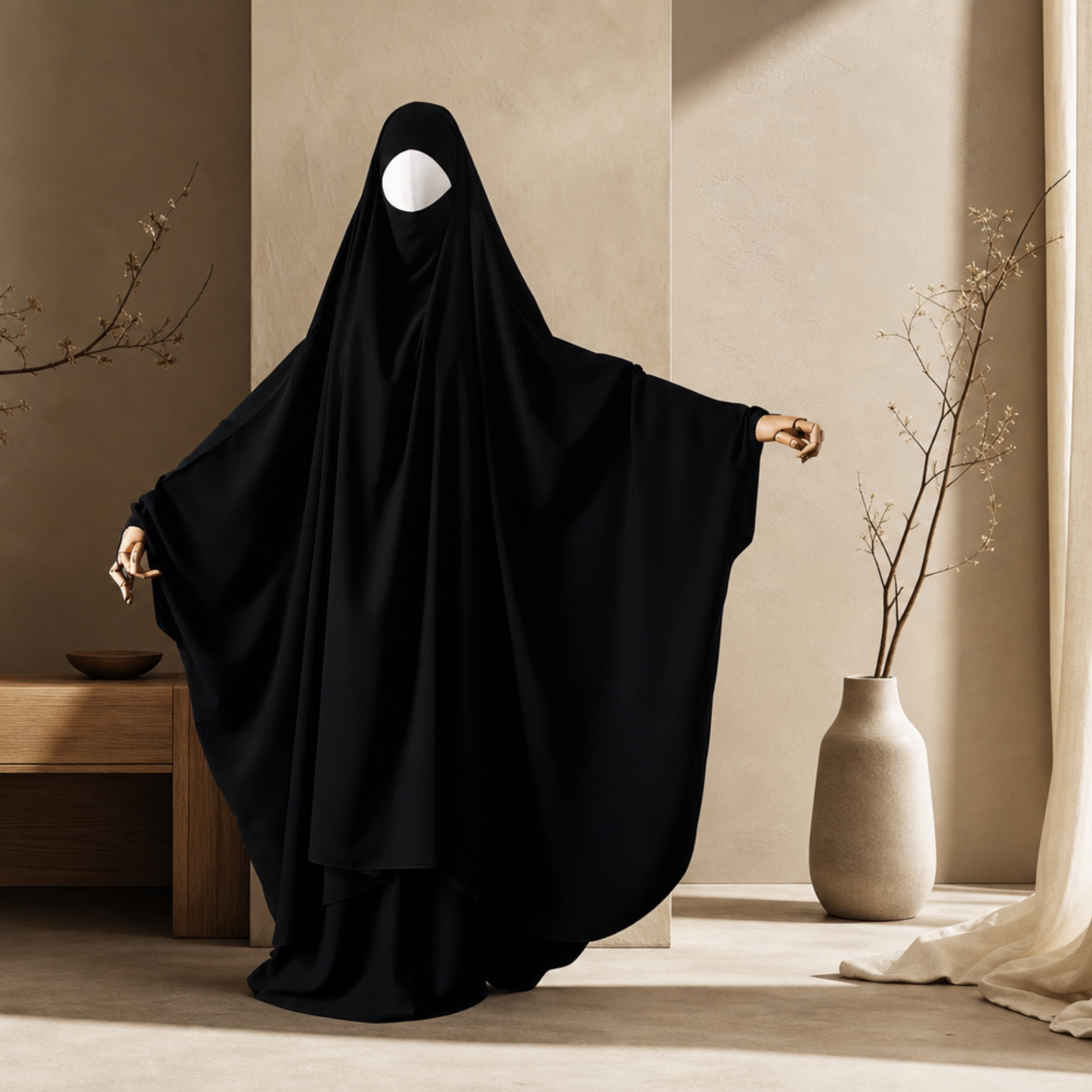 BIG WIDE 2 PIECE JILBAB WOOL PEACH BLACK - BUTTERFLY - SNAP BUTTONS