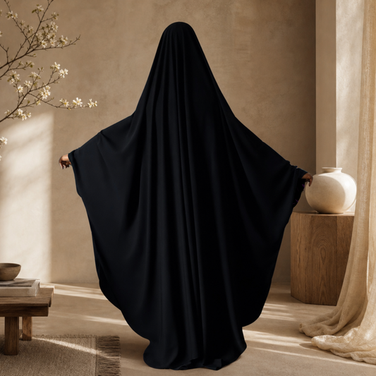 BIG WIDE 2 PIECE JILBAB WOOL PEACH BLACK - BUTTERFLY - SNAP BUTTONS