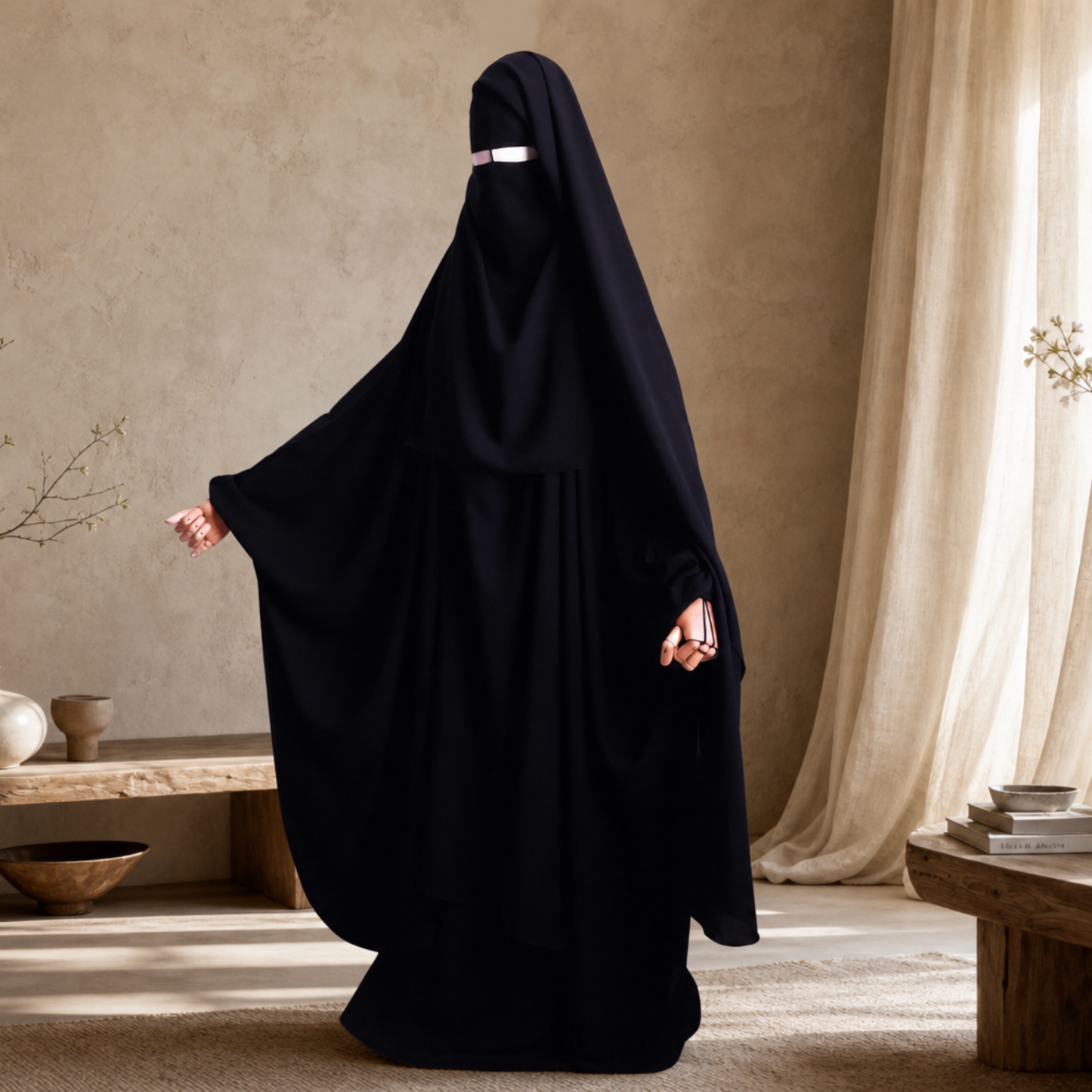 BIG WIDE 2 PIECE JILBAB WOOL PEACH BLACK - BUTTERFLY