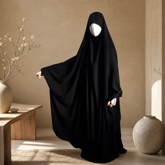 BIG WIDE 2 PIECE JILBAB BLACK - BUTTERFLY - COTTON HEADBAND