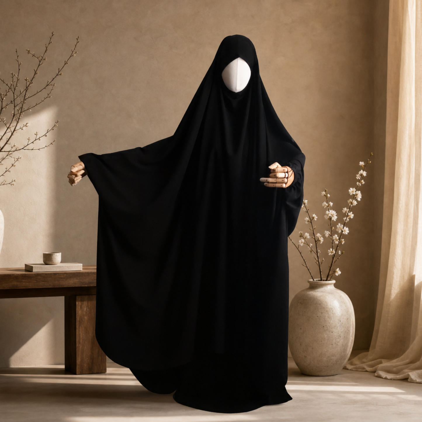 BIG WIDE 2 PIECE JILBAB WOOL PEACH BLACK - BUTTERFLY